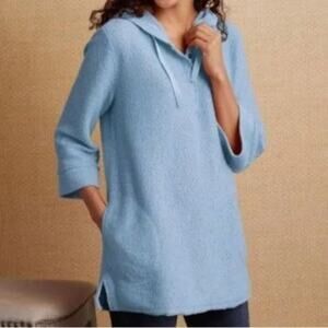 Soft Surroundings Cozumel Hooded Pullover Sweater, Petite Medium, Pockets, Blue